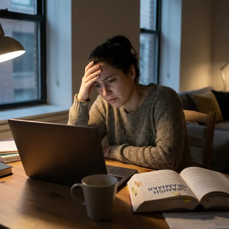 Persona frustrada estudiando gramática de inglés sin resultados