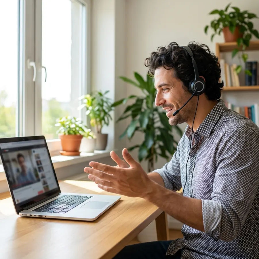 Persona hablando inglés con confianza en una videollamada de trabajo